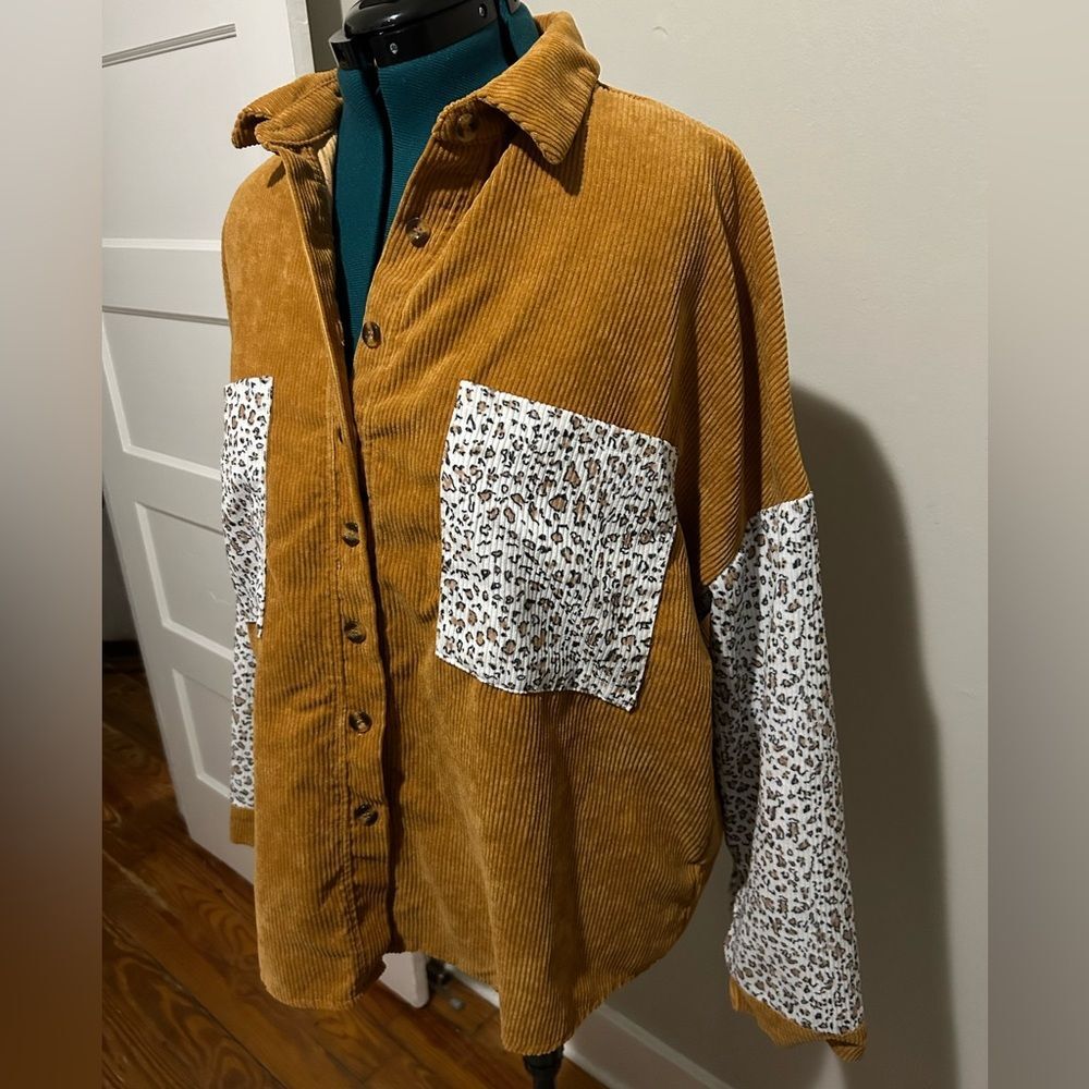 BTFBM Brown Corduroy Cheetah Giraffe Print Long Sleeve Button Up Shirt Jacket